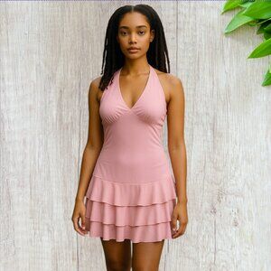 VOLUME ONE -- Halter Dress with Ruffled Skirt, Ties at Neck, Pink, Backless, NWT
